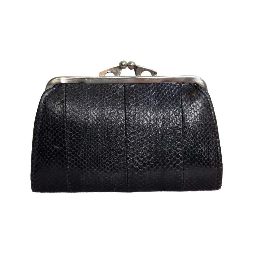 Mini Black Python-Embossed Coin Purse with Kiss Lock Clasp